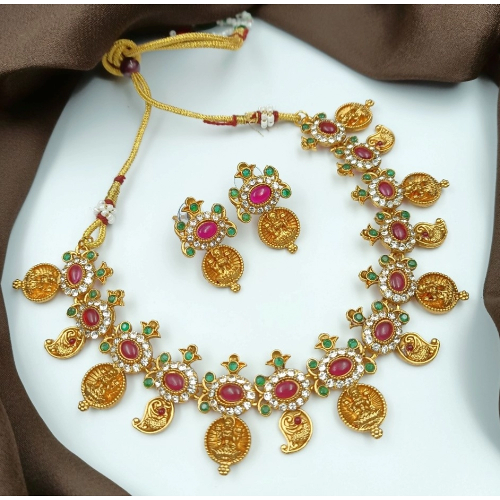 Women's Gold Plated Traditional Necklace and Earrings Set (Multi Color, Free Size)