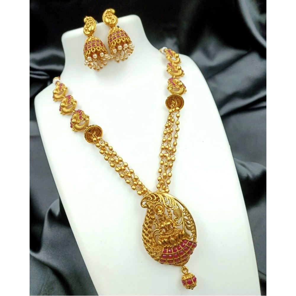 Women's Gold Plated Necklace and Earrings Set with Antique Finish (Red, Free Size)