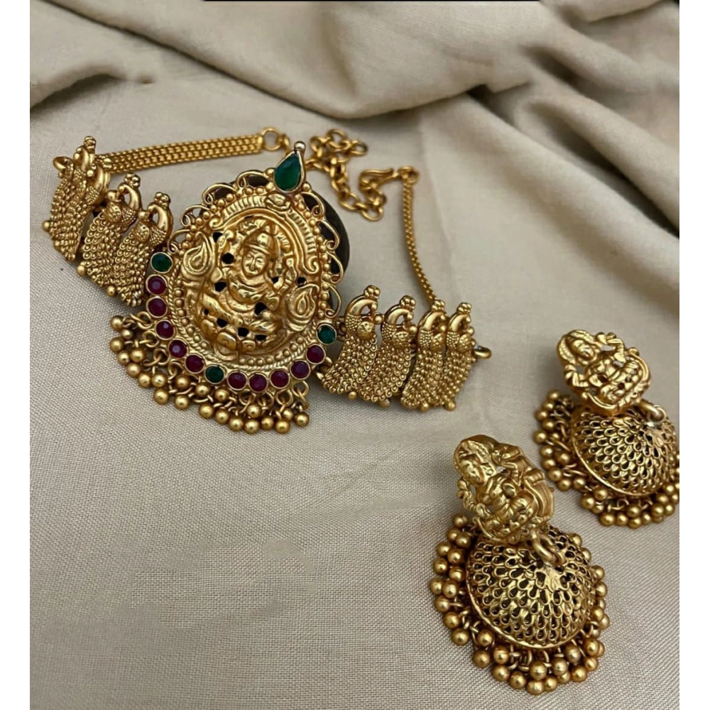 Women's Traditional Temple Necklace and Earrings Set in Gold (Multi Color, Free Size)