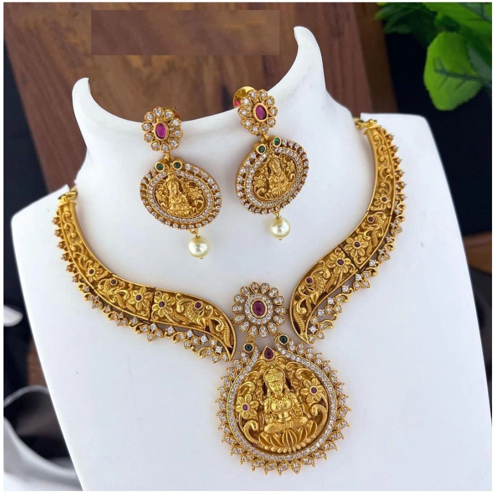 Women's Gold Plated Necklace and Earrings Set with Kundan Work (Multi Color, Free Size)