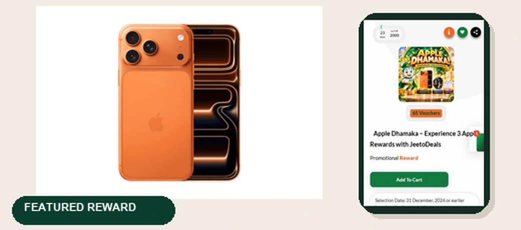 Approved iPhone reward imagery beside a genuine JeetoDeals campaign screenshot.