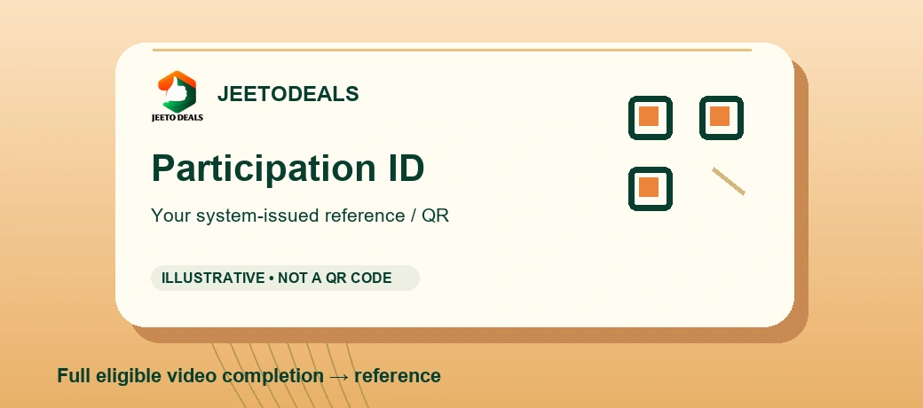 Illustrative Participation ID card following full eligible video completion. No customer reference or usable QR is shown.