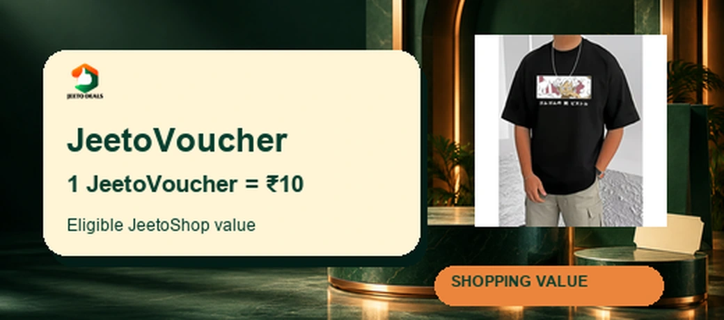 Illustrative JeetoVoucher shopping-value card: one JeetoVoucher equals ten rupees; merchandise is available on JeetoShop.